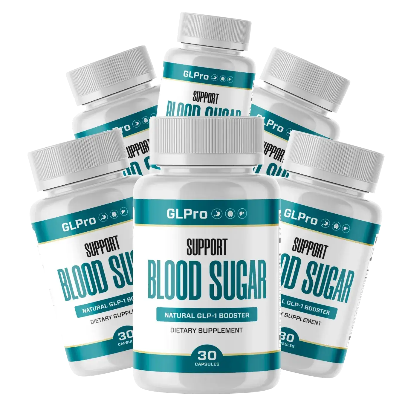 A second GLPro label version in the seller's artwork, reading Support Blood Sugar and Natural GLP-1 Booster, 30 capsules