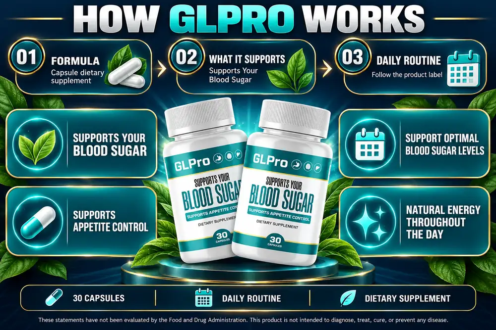 The seller's How GLPro Works panel: formula, what it supports, daily routine, with two bottles on a pedestal