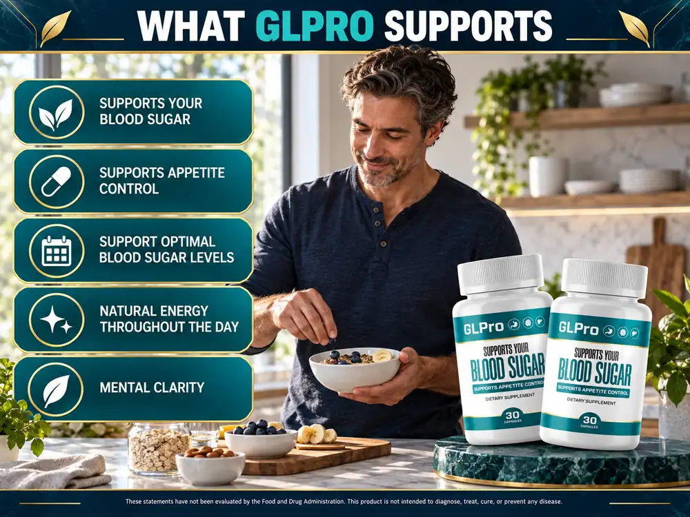 The seller's What GLPro Supports panel listing five support lines beside a man preparing breakfast
